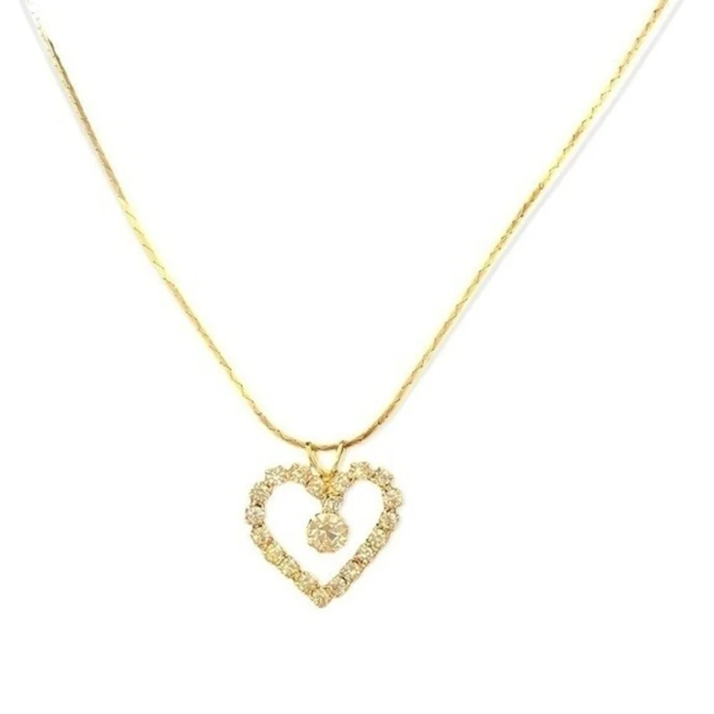 Vintage 14K Gold Plated White Crystal Heart Pendant Chain Necklace NIB